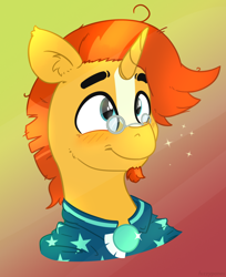 Size: 1132x1386 | Tagged: safe, artist:fuzzypones, sunburst, pony, unicorn, g4, adorkable, beanbrows, beard, blushing, bust, cloak, clothes, cute, dork, eyebrows, facial hair, glasses, gradient background, male, smiling, solo, sparkles, stallion, sunbetes