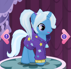 Size: 421x404 | Tagged: safe, gameloft, screencap, trixie, pony, unicorn, g4, 3d, alternate hairstyle, babysitter trixie, clothes, cute, diatrixes, female, hoodie, it begins, mare, meme origin, pigtails, smiling, solo