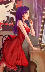 Size: 1884x3000 | Tagged: safe, artist:ronna, artist:tarakanovich, rarity, human, fanfic:crimson lips, accessories, applying makeup, breasts, chair, cleavage, clothes, curtains, desk, dress, ear piercing, earring, featured image, female, humanized, jewelry, lightbulb, lipstick, mirror, necklace, piercing, poster, red dress, sexy, sleeveless, solo, theater, vanity