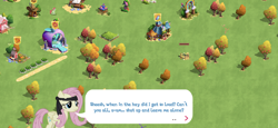 Size: 2436x1125 | Tagged: safe, gameloft, apple dumpling, mean fluttershy, pegasus, pony, g4, the mean 6, apple family member, clone, dialogue, game screencap, tree