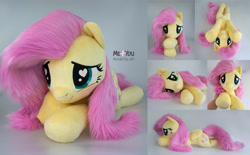 Size: 2000x1238 | Tagged: safe, artist:meplushyou, fluttershy, pegasus, pony, g4, bellyrubs, blushing, cute, faux fur, female, heart eyes, irl, looking at you, looking up, lying down, mare, on side, photo, plushie, prone, shyabetes, solo, wingding eyes