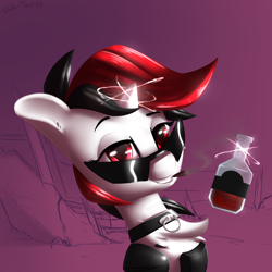 Size: 2300x2300 | Tagged: safe, artist:shido-tara, oc, oc only, oc:blackjack, pony, unicorn, fallout equestria, fallout equestria: project horizons, alcohol, collar, cyber legs, fanfic art, glowing horn, high res, horn, looking at you, simple background, small horn, smoking, sunglasses, whiskey