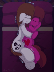 Size: 1200x1600 | Tagged: safe, artist:aarondrawsarts, oc, oc:brain teaser, oc:rose bloom, animated, bed, brainbloom, cold, cuddling, cute, female, giggling, male, oc x oc, romantic, shipping, shivering, sound, spooning, straight, voice, webm, wholesome