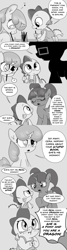Size: 960x3600 | Tagged: safe, artist:mamatwilightsparkle, spike, oc, oc:cera, oc:lilian, dragon, pony, unicorn, g4, argument, baby, baby spike, blind in one eye, clothes, comic, crying, drawing, glasses, implied twilight sparkle, monochrome, overalls, prejudice, tumblr, yelling, younger
