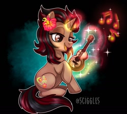 Size: 1280x1154 | Tagged: safe, artist:sciggles, oc, oc:missmele, pony, unicorn, abstract background, female, glowing horn, horn, magic, mare, musical instrument, open mouth, sitting, ukulele
