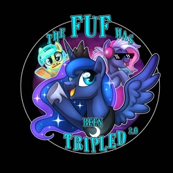 Size: 1280x1280 | Tagged: safe, artist:sciggles, princess luna, oc, oc:bit rate, oc:neural net, alicorn, pegasus, pony, g4, crossing the memes, deal with it, female, fuf, headphones, mare, meme, shrug, sunglasses, swag glasses, the fun has been doubled