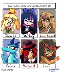 Size: 3000x3582 | Tagged: safe, artist:chedd4rt, princess ember, angel, dog, dragon, human, g4, anarchy stocking, animal crossing, bust, castlevania, catra, clothes, crossover, dragoness, female, fist bump, hat, high res, isabelle, male, one eye closed, open mouth, panty and stocking with garterbelt, phantom r, rhythm thief, rythm thief and the emperor's treasure, she-ra and the princesses of power, simon belmont, six fanarts, smiling, wink