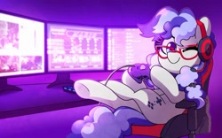 Size: 1131x707 | Tagged: safe, artist:dawnfire, oc, oc only, oc:cinnabyte, earth pony, pony, adorkable, chair, cinnabetes, controller, cute, dork, female, gamecube controller, gaming chair, gaming headset, gaming monitor, glasses, headphones, headset, looking at you, mare, meganekko, monitor, office chair, one eye closed, pc, smiling, wink