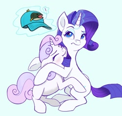 Size: 1407x1341 | Tagged: safe, artist:wallparty, pony, unicorn, belle sisters, duo, female, filly, hat, hug, magic, mare, siblings, simple background, sisters, style emulation, telekinesis