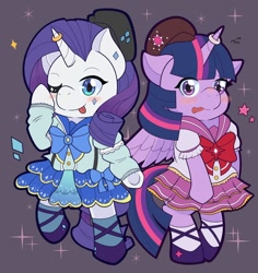 Size: 1024x1086 | Tagged: safe, artist:kingkero, rarity, twilight sparkle, semi-anthro, g4, arm hooves, blushing, clothes, cosplay, costume, crossover, female, lesbian, ship:rarilight, shipping
