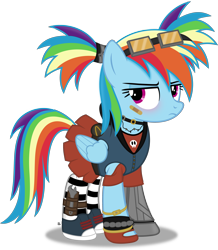 Size: 2810x3219 | Tagged: safe, artist:anime-equestria, rainbow dash, pony, alternate hairstyle, bandage, bandaid, blushing, borderlands, borderlands 2, clothes, converse, cute, dashabetes, female, goggles, high res, jewelry, necklace, pigtails, robotic arm, shirt, shoes, simple background, skirt, socks, solo, striped socks, sunglasses, transparent background, twintails, vector, wings, wrench