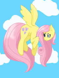 Size: 2002x2652 | Tagged: safe, artist:deachy, fluttershy, pegasus, pony, g4, cloud, female, flying, high res, looking away, looking down, mare, sky, solo, spread wings, wings
