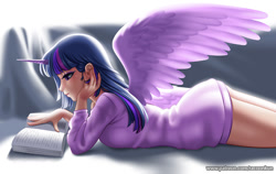 Size: 1000x630 | Tagged: safe, artist:racoonsan, twilight sparkle, alicorn, human, g4, alicorn humanization, ass, bed, blue hair, book, butt, clothes, cute, eyelashes, eyeshadow, female, horn, horned humanization, humanized, indoors, long hair, lying, makeup, multicolored hair, open book, patreon, pink hair, prone, purple hair, reading, solo, spread wings, sweater, twibutt, twilight sparkle (alicorn), website, winged humanization, wings