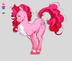 Size: 1400x1200 | Tagged: safe, artist:dearestdeadend, pinkie pie, earth pony, pony, g4, blaze (coat marking), chest fluff, coat markings, colored hooves, facial markings, female, mare, profile, redesign, simple background, solo, tongue out, unshorn fetlocks