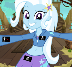 Size: 682x640 | Tagged: safe, artist:ponyalfonso, edit, edited screencap, screencap, trixie, equestria girls, g4, my little pony: the movie, belly button, clothes, cropped hoodie, jacket, midriff, pirate ship, skirt, sports bra