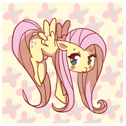 Size: 500x501 | Tagged: safe, artist:tsukibee, fluttershy, butterfly, pegasus, pony, g4, blush sticker, blushing, cute, cutie mark background, female, floppy ears, looking at you, mare, shyabetes, solo, spread wings, wings, yellow background