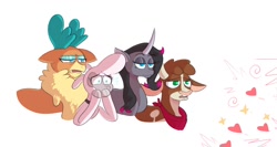 Size: 1368x727 | Tagged: safe, artist:another_pony, arizona (tfh), oleander (tfh), pom (tfh), velvet (tfh), cow, deer, lamb, pony, reindeer, sheep, unicorn, them's fightin' herds, community related, fanart, floating heart, heart, implied paprika, offscreen character, simple background, white background