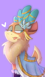 Size: 595x1010 | Tagged: safe, artist:vampymatsu, velvet (tfh), deer, reindeer, them's fightin' herds, boots, chest fluff, clothes, community related, female, heart, looking at you, neck fluff, purple background, robe, shoes, simple background, solo, tongue out