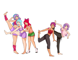 Size: 3300x2550 | Tagged: safe, artist:emberfan11, artist:n0kkun, color edit, edit, apple bloom, cozy glow, princess flurry heart, scootaloo, sweetie belle, human, icey-verse, g4, adult, alternate hairstyle, alternative cutie mark placement, apple bloom's bow, armpits, barefoot, belly button, blushing, bow, bra, bra strap, clothes, collaboration, colored, cutie mark crusaders, cutie mark on human, cutie mark tattoo, ear piercing, earring, exercise, feet, female, gym shorts, hair bow, high res, humanized, jewelry, leg warmers, lipstick, midriff, nail polish, older, older apple bloom, older cmc, older cozy glow, older flurry heart, older scootaloo, older sweetie belle, one eye closed, open mouth, pants, piercing, raised eyebrow, shorts, shoulder cutie mark, simple background, socks, soles, sports bra, sports shorts, stretching, sweatpants, tank top, tattoo, teenager, tomboy, transparent background, underwear, wall of tags, yoga, yoga pants