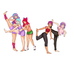 Size: 3300x2550 | Tagged: safe, alternate version, artist:emberfan11, artist:n0kkun, color edit, edit, apple bloom, cozy glow, princess flurry heart, scootaloo, sweetie belle, human, icey-verse, adult, alternate hairstyle, alternative cutie mark placement, apple bloom's bow, armpits, barefoot, belly button, blushing, bow, bra, bra strap, clothes, collaboration, colored, cutie mark crusaders, cutie mark on human, cutie mark tattoo, ear piercing, earring, exercise, feet, female, gym shorts, hair bow, humanized, jewelry, leg warmers, lipstick, midriff, nail polish, older, older apple bloom, older cmc, older cozy glow, older flurry heart, older scootaloo, older sweetie belle, one eye closed, open mouth, pants, piercing, raised eyebrow, shorts, shoulder cutie mark, simple background, socks, soles, sports bra, sports shorts, stretching, sweatpants, tanktop, tattoo, teenager, tomboy, transparent background, underwear, wall of tags, yoga, yoga pants