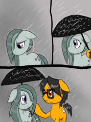 Size: 1072x1440 | Tagged: safe, artist:a.s.e, marble pie, oc, oc:a.s.e, earth pony, pony, g4, canon x oc, couple, duo, female, floppy ears, male, mare, rain, shipping, smiling, stallion, together, umbrella, wet mane