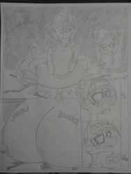 Size: 1944x2592 | Tagged: safe, artist:princebluemoon3, oc, oc:glimmering scones, pony, unicorn, comic:the chaos within us, black and white, blushing, bouncing, butt, butt bump, butt smash, canterlot, chaos, clothes, comic, commissioner:bigonionbean, confused, confusion, dialogue, drawing, dream, extra thicc, falling, fat ass, female, flank, fusion, fusion:moondancer, fusion:saffron masala, fusion:sweet biscuit, glasses, grayscale, jewelry, jiggle, magic, mare, meme, monochrome, night, out of control magic, plot, random pony, the ass was fat, traditional art, writer:bigonionbean