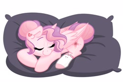 Size: 1800x1200 | Tagged: safe, artist:cadetredshirt, oc, oc only, oc:saku, alicorn, pony, clothes, commission, digital art, ear fluff, ear piercing, earring, eyes closed, hair bun, horn, jewelry, piercing, pillow, sleeping, smiling, socks, solo, tail bun, two toned mane, two toned tail, wings, ych result