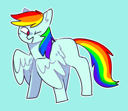 Size: 760x660 | Tagged: safe, artist:sstamps, rainbow dash, pegasus, pony, g4, blue background, cute, dashabetes, female, mare, missing cutie mark, no pupils, one eye closed, open mouth, simple background, solo, wink