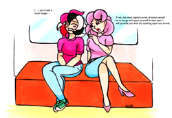 Size: 2367x1630 | Tagged: safe, artist:imaranx, part of a set, fizzy, wind whistler, human, g1, breasts, commission, desperation, dialogue, duo, female, humanized, marker drawing, need to pee, omorashi, potty emergency, potty time, traditional art