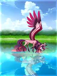 Size: 2263x3000 | Tagged: safe, artist:sugaryicecreammlp, oc, oc only, oc:liberty, alicorn, pony, concave belly, female, high res, large wings, mare, reflection, skinny, solo, thin, thin legs, water, wings
