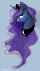 Size: 720x1280 | Tagged: safe, artist:sofilut, princess luna, pony, g4, blue background, bust, female, mare, portrait, simple background, solo