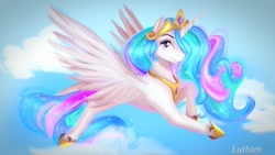 Size: 1280x720 | Tagged: safe, artist:sofilut, princess celestia, alicorn, pony, g4, cloud, female, flying, looking at you, mare, sky, solo, spread wings, wings