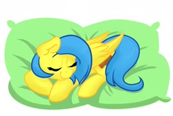Size: 1800x1200 | Tagged: safe, artist:cadetredshirt, oc, oc only, oc:soft whisper, pegasus, pony, commission, digital art, ear fluff, eyes closed, happy, pillow, sleeping, smiling, solo, wings, ych result