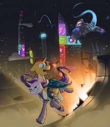 Size: 2000x2300 | Tagged: safe, artist:sinrar, starlight glimmer, sunburst, cyborg, pony, unicorn, g4, city, clothes, cloud, cyberpunk, explosion, female, futuristic, high res, horse riding a horse, male, mare, night, ponies riding ponies, prosthetics, riding, running, ship:starburst, shipping, skyline, skyscraper, smiling, stallion, straight, sunburst riding starlight glimmer