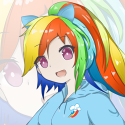 Size: 5499x5499 | Tagged: safe, artist:zaryar, rainbow dash, human, g4, absurd resolution, alternate hairstyle, anime, bust, clothes, cute, cutie mark, cutie mark on clothes, dashabetes, eared humanization, female, hoodie, humanized, looking at you, open mouth, pixiv, ponytail, solo, zoom layer
