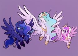 Size: 1500x1080 | Tagged: safe, artist:rollingrabbit, princess cadance, princess celestia, princess luna, alicorn, pony, alicorn triarchy, crown, ethereal mane, eyes closed, female, flowing mane, flying, hoof shoes, jewelry, mare, movie accurate, official fan art, peytral, regalia, smiling, spread wings, trio, wings