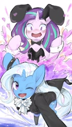 Size: 1171x2048 | Tagged: safe, artist:30clock, starlight glimmer, trixie, pony, unicorn, g4, blushing, bunny suit, clothes, cravat, cuffs (clothes), duo, heart, horn, magic, one eye closed, open mouth, performance, stockings, thigh highs, wink
