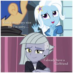 Size: 1200x1200 | Tagged: safe, artist:pcnycity3, flash sentry, limestone pie, trixie, equestria girls, g4, bedroom eyes, choker, clothes, comic, ear piercing, earring, equestria girls-ified, eyeshadow, female, hoodie, jacket, jewelry, leather jacket, lesbian, limestone pie is amused, makeup, male, piercing, ship:trixstone, shipping, shirt, smiling, spiked choker, t-shirt, tomboy, trio, when she smiles