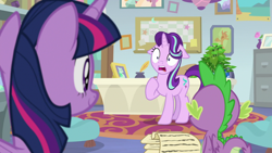 Size: 1920x1080 | Tagged: safe, screencap, phyllis, spike, starlight glimmer, twilight sparkle, alicorn, dragon, pony, unicorn, a horse shoe-in, g4, female, floppy ears, inkwell, male, mare, philodendron, potted plant, quill, scroll, shocked, starlight's office, twilight sparkle (alicorn), winged spike, wings