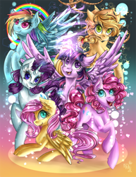 Size: 2550x3300 | Tagged: safe, artist:karmamoonshadow, applejack, fluttershy, pinkie pie, rainbow dash, rarity, twilight sparkle, alicorn, earth pony, pegasus, pony, unicorn, g4, ear fluff, female, glowing horn, high res, horn, lasso, mane six, mare, mouth hold, open mouth, prone, redraw, rope, twilight sparkle (alicorn)