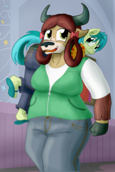 Size: 1888x2820 | Tagged: safe, artist:sixes&sevens, sandbar, yona, earth pony, yak, anthro, plantigrade anthro, g4, breasts, busty yona, carrying, clothes, cute, female, flip-flops, jacket, male, sandabetes, school of friendship, ship:yonabar, shipping, size difference, straight, this will end in snu snu, yonadorable