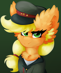 Size: 3024x3592 | Tagged: safe, artist:vanillaswirl6, applejack, earth pony, pony, equestria at war mod, g4, bust, clothes, female, fluffy, green background, hat, high res, photoshop, portrait, simple background, solo, uniform