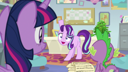 Size: 1920x1080 | Tagged: safe, screencap, phyllis, spike, starlight glimmer, twilight sparkle, alicorn, dragon, pony, unicorn, a horse shoe-in, g4, female, inkwell, mare, philodendron, potted plant, quill, scroll, starlight's office, twilight sparkle (alicorn), winged spike, wings