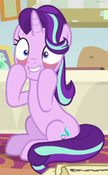 Size: 291x473 | Tagged: safe, screencap, starlight glimmer, pony, unicorn, a horse shoe-in, g4, cropped, eyelid pull, female, mare, pulling, sitting, solo, starlight's office