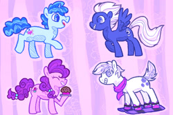 Size: 900x600 | Tagged: safe, artist:karaandintikam, double diamond, night glider, party favor, sugar belle, earth pony, pegasus, pony, unicorn, colored pupils, cute, daaaaaaaaaaaw, double dawwmond, equal four, eyes closed, favorbetes, female, food, glideabetes, heart eyes, male, mare, muffin, profile, skis, smiling, stallion, sugarbetes, wingding eyes