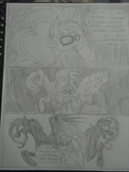 Size: 1944x2592 | Tagged: safe, artist:princebluemoon3, oc, oc:candy clumsy, oc:glimmering scones, oc:rainbow tashie, earth pony, pegasus, pony, unicorn, comic:the chaos within us, black and white, blushing, canterlot, chaos, clothes, comic, commissioner:bigonionbean, concentrating, confused, confusion, dialogue, drawing, dream, female, fusion, fusion:moondancer, fusion:saffron masala, fusion:sweet biscuit, glasses, grayscale, jewelry, jiggle, magic, mare, meme, monochrome, night, random pony, thinking, traditional art, writer:bigonionbean