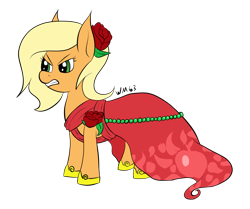 Size: 1650x1377 | Tagged: safe, artist:wapamario63, applejack, earth pony, pony, g4, alternate hairstyle, angry, clothes, dress, female, flower, mare, request, requested art, rose, shoes, simple background, solo, transparent background