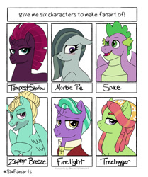 Size: 1004x1200 | Tagged: safe, artist:tambelon, firelight, marble pie, spike, tempest shadow, tree hugger, zephyr breeze, dragon, earth pony, pegasus, pony, unicorn, g4, broken horn, bust, clothes, female, gigachad spike, horn, male, mare, older, older spike, open mouth, six fanarts, smiling, stallion, winged spike, wings