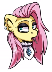 Size: 1055x1449 | Tagged: safe, artist:lrusu, fluttershy, pegasus, pony, g4, bust, candy, ear piercing, earring, female, fluttergoth, food, jewelry, lollipop, mare, piercing, simple background, solo, white background
