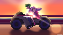 Size: 3840x2160 | Tagged: safe, alternate version, artist:riouku, spike, sweetie belle, human, g4, converse, female, high res, humanized, male, motorcycle, ship:spikebelle, shipping, shoes, straight, sunset